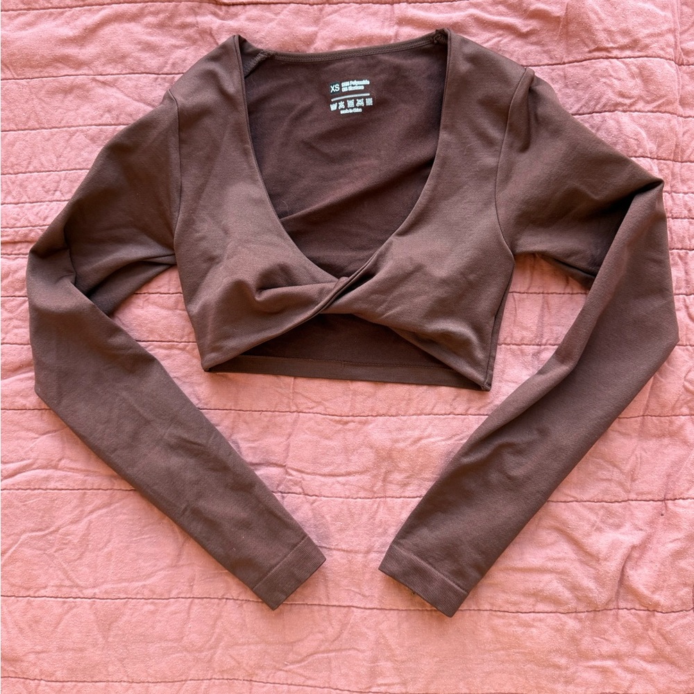 Brown Twist Front Long Sleeve Cropped Athletic Top